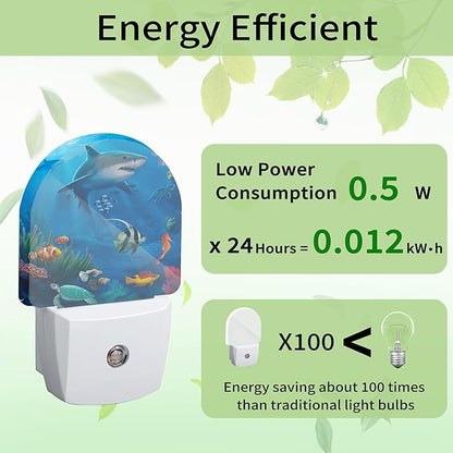 Summer Shark Night Light,Turtle Fish Nightlight Plug into Wall with Dusk to Dawn Sensor, LED Lamp Energy Saving Lights for Men Women Boys Girls,Lamp for Bedroom Bathroom Hallway