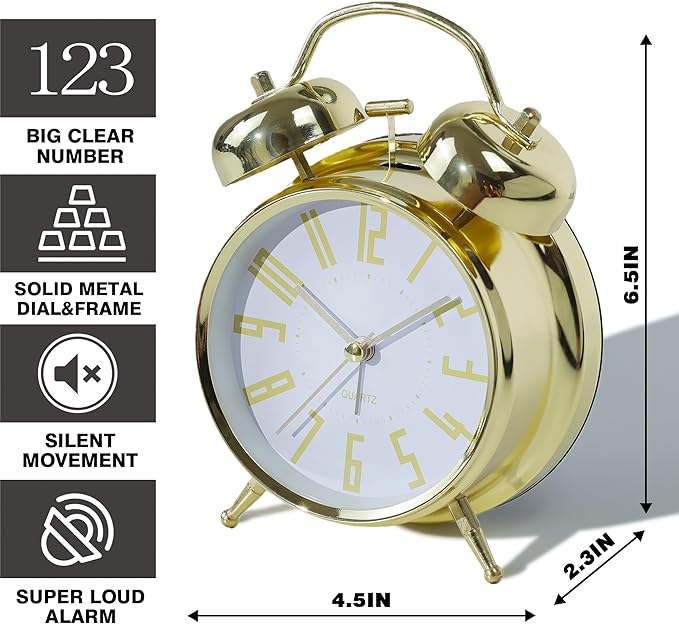 Super Loud Alarm Clock for Heavy Sleepers Adults,Twin Bell Retro 4 Inch Silent Non-Ticking Quartz with Backlight, Metal dial, Alarm Clocks for Bedrooms Bedside (Gold-White)