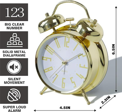 Super Loud Alarm Clock for Heavy Sleepers Adults,Twin Bell Retro 4 Inch Silent Non-Ticking Quartz with Backlight, Metal dial, Alarm Clocks for Bedrooms Bedside (Gold-White)