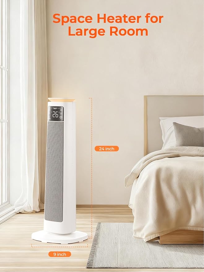Space Heater for Large Room, FOHERE 24" Electric Heaters for Indoor Use with Thermostat and Remote, 70° Oscillation, 12H Timer, Overheat and Tip-Over Protection, Fan Mode for Home Bedroom Office