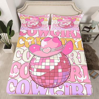 Western Cowgirl Bedding Set Twin Size Pink Cowboy Hat Glitter Planet Ball Bed Set for Teens Kids Sheet Rustic Pink Cowhide Cow Fur Print Bed Cover(1 Fitted Sheet+1 Pillow Case)