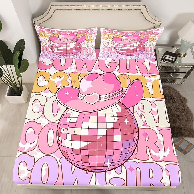 Western Cowgirl Fitted Sheet Queen Size Pink Cowboy Hat Glitter Planet Ball Bedding Sheet Set,Rustic Pink Cowhide Cow Fur Print Bed Cover Ultra Soft Breathable Bedding 3 Pcs