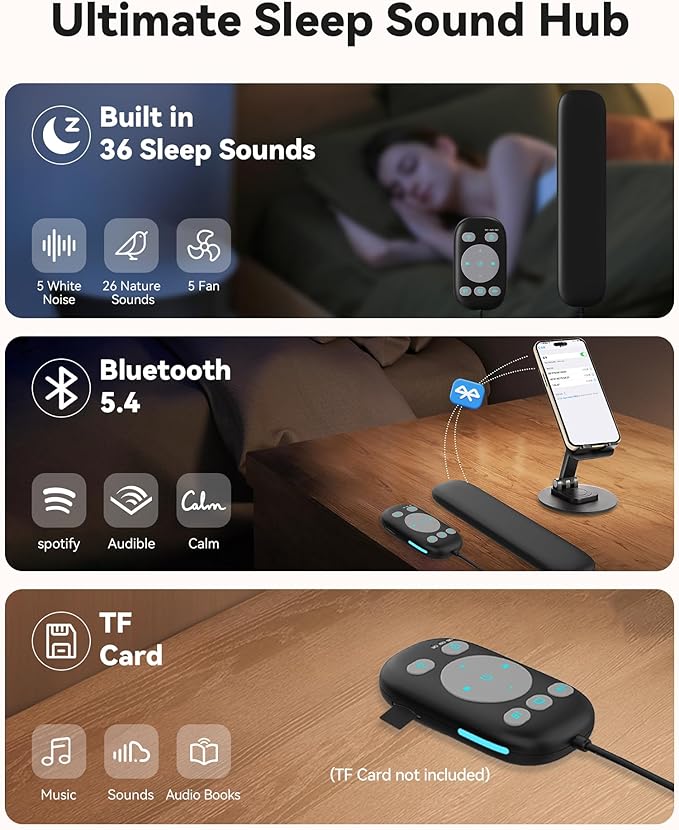 Under Pillow Speaker Bluetooth, 36 Built-in Soothing White Noise Sleep Sound Machine with Wired Remote, Bone Conduction, 3 Timer, 24H Battery for Side Sleeper, Office Nap & Travel Essential