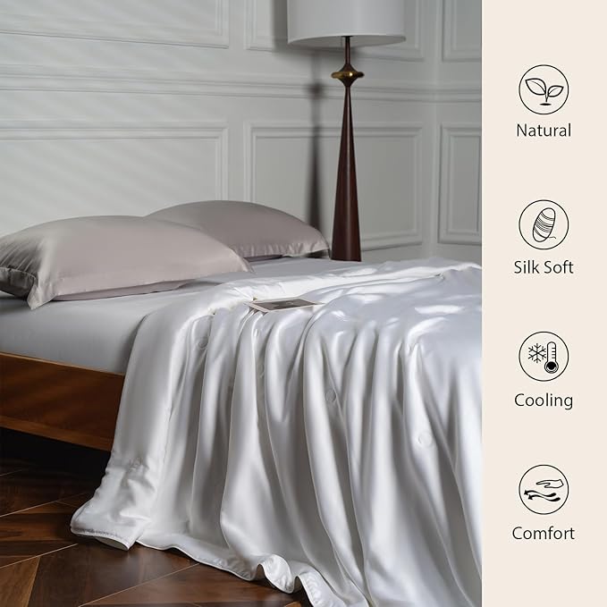 EP Mode Mulberry Silk Filled Quilt with 100% Viscose from Bamboo Fabric, Natural Lightweighted Cooling Comforter (White, Twin 68” X 88”)