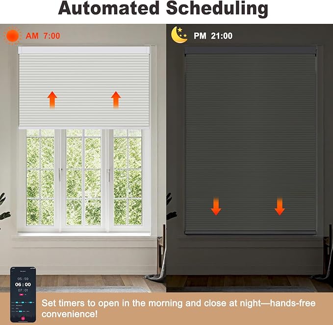 Smart Custom Motorized Cellular Shades – Remote & App Controlled Electric Window Blinds, Automated Blackout Honeycomb Blinds for Home, Alexa Google Siri Compatible – Made to Order (22”-112” W)