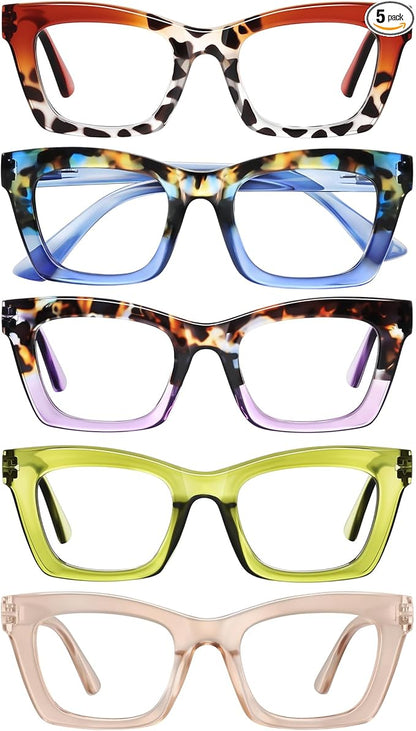 Oprah Reading Glasses for Women - 5Pack Square Fashion Readers for Women Blue Light Blocking with Spring Hinge (Mix5, 2.25x)