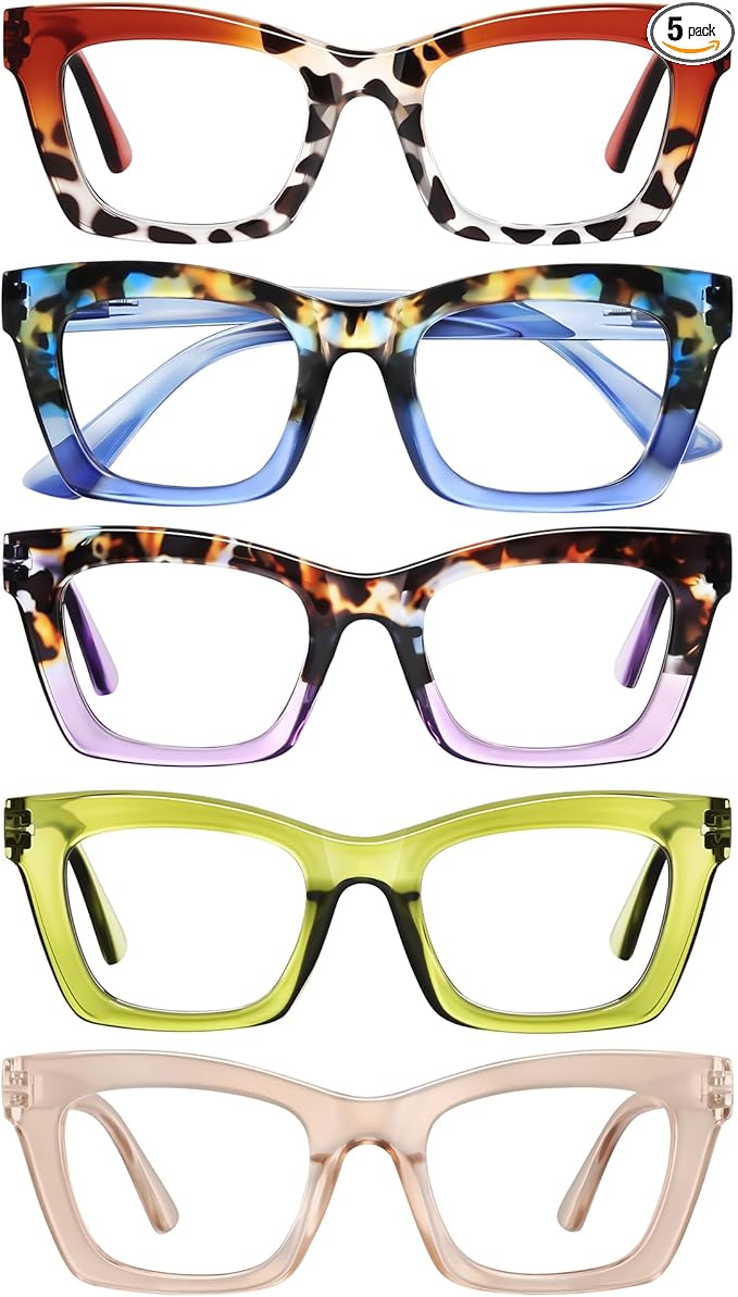 Oprah Reading Glasses for Women - 5Pack Square Fashion Readers for Women Blue Light Blocking with Spring Hinge (Mix5, 2.75x)