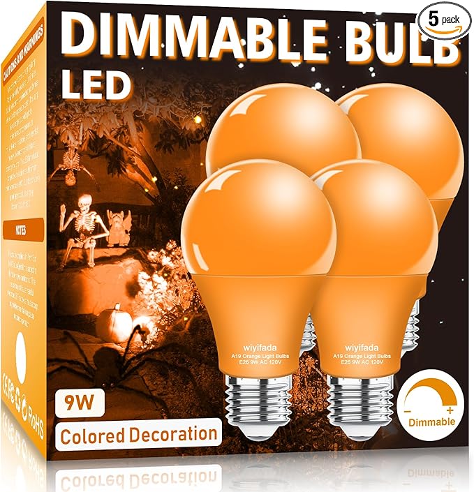4 Pack A19 LED Orange Light Bulbs,120V E26 Halloween Orange LED Lights 9W Replace up to 100W, Dimmable Colored Light Bulbs for Porch, Home Lighting, Party Decoration, Holiday Lighting