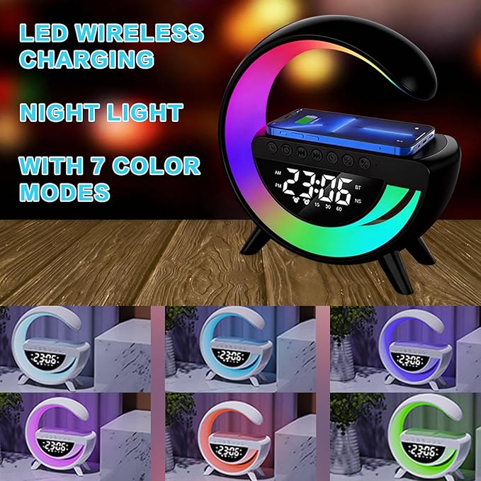 Wireless Charging Table Lamp, Multifunctional Bluetooth Speaker & Alarm Clock - LED Bedside Desk Lamp Night Light for Heavy Sleepers, Superfine Bedroom Home Decoration (Black)
