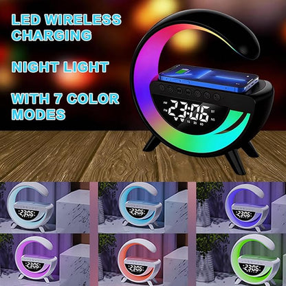 Wireless Charging Table Lamp, Multifunctional Bluetooth Speaker & Alarm Clock - LED Bedside Desk Lamp Night Light for Heavy Sleepers, Superfine Bedroom Home Decoration (Black)