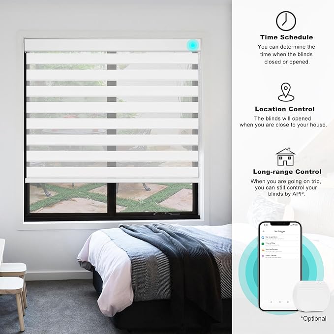 Changshade Custom Motorized Smart Zebra Blinds Remote Control, Cordless Blackout Electric Automatic Shades for Indoor Windows Doors Work with Alexa, Google Home, Apple Homekit, SmartThings, White
