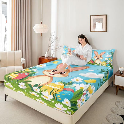Happy Easter Bed Sheet Queen Size Cartoon Rabbit Spring Flowers Bedding Set Easter Egg Kawaii Animal Fitted Sheet Kids Boys Girls Room Decor Blue Colorful Soft Sheets with 2 Pillowcase,No Top Flat