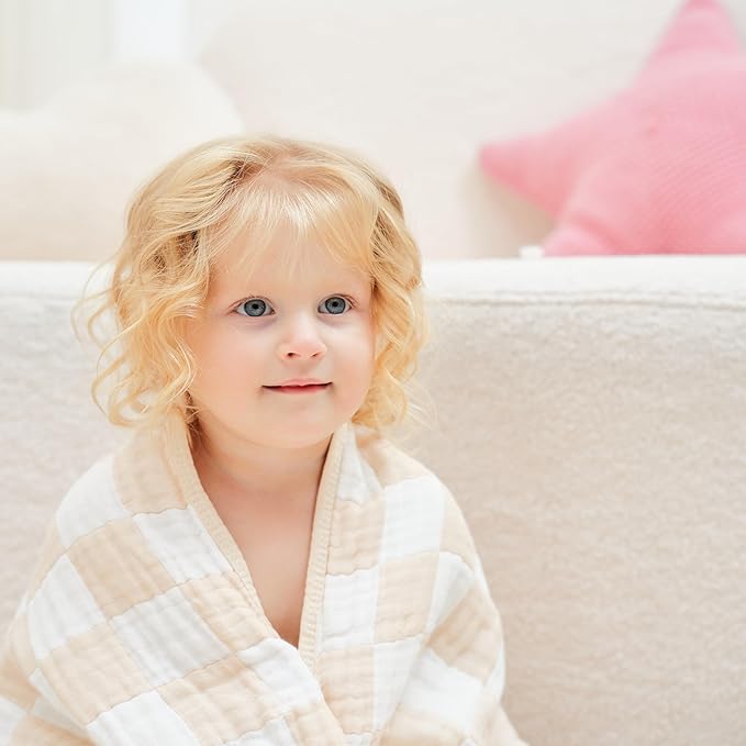 Ultra Soft Muslin Baby Blanket - Made with Organic Cotton, Neutral Earth Tone Checkered Swaddle & Crib Quilt, 43x43 (Beige)