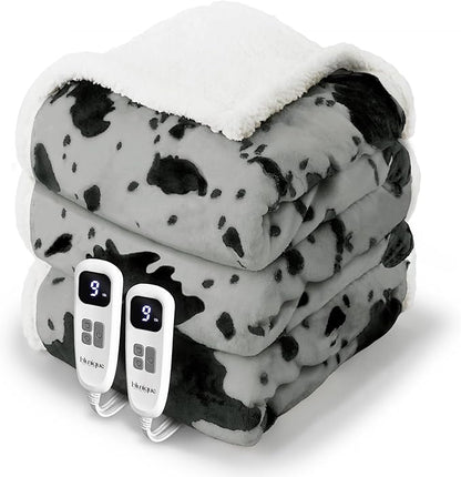 Heated Blanket King Blanket - Fast Heating Electric Blanket, Soft Flannel Heated King with 4 Time Settings,10 Heating Settings, Warm Gifts for Women & Mom & Grandma(90"x100"Cow Print Grey)