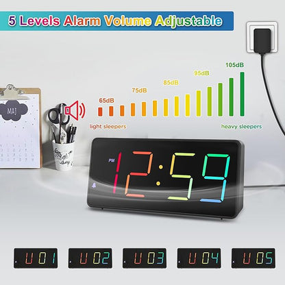 Peakeep Digital Alarm Clock for Bedroom Bedside, Extra Loud for Heavy Sleepers Adults, Large RGB Color Changing Colorful LED Big Numbers, Battery Backup Plug in Electric Clock with USB Charger