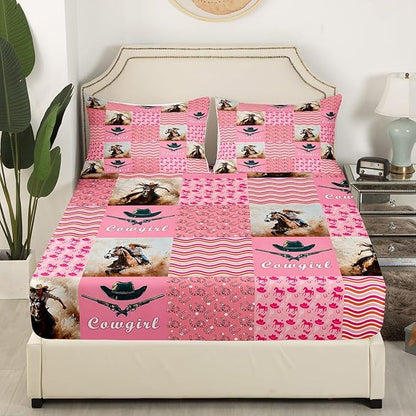 Western Cowgirl Bed Sheet Set 3 Pieces,Tribal Cowgirl Hats Horseshoe Rustic Farm Bedding Set(No Flat Sheet),Vintage Pink Plaids Patchwork Fitted Sheet,2 Pillow Cases,Full Size
