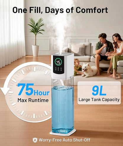 AreShark 2.4 Gal/9L Humidifier for Bedroom, Large Room 500ft², Cool Mist Air Humidifiers with 75H Runtime, Humidity Setting, Easy to Clean, Top Fill, 30dB Quiet, for Plants, Adults, Nursery, Kids