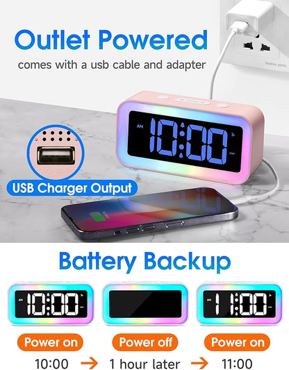 Cadmos Cute Pink Loud Alarm Clock with RGB Night Light - Perfect for Girls Room Decor and Kawaii Gifts, Small Size for Bedside or Desk Lamp in Bedrooms, Ideal for Kids, Teens (Light Pink)