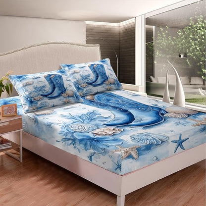 Western Cowboy Fitted Sheet Twin Size,Blue Tribal Boots Watercolor Flowers Tie Dye Paint Bed Sheet with 1 Pillowcase,Ocean Beach Shell Conch Starfish Soft Decorative Bedding(No Flat Sheet)