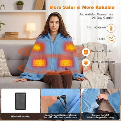 16000mAh Heated Blanket Battery Operated Soft Cordless Heated Blanket Shawl Portable Heated Throw Blanket Poncho Wraps Fast Heating with 3 Heat Levels 6 Heating Zones