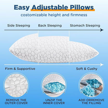 Cooling Pillow Queen Size Set of 2, Adjustable Bed Pillows for Sleeping, Luxury Shredded Memory Foam Side Sleeper Pillows 2 Pack, Cool No Flat Firm Cervical Neck Pillow for Side Sleepers Neck Pain