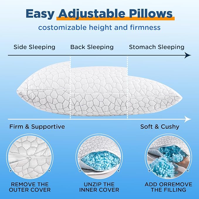 Cooling Pillow King Size 1 Pack, Adjustable Bed Pillows for Sleeping, Luxury Shredded Memory Foam Side Sleeper Pillow for Adults, King Size Firm Pillows for Side, Back Sleepers Neck Shoulder Pain
