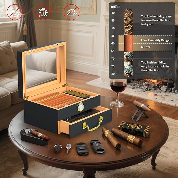 Cigar Humidor Box - Spanish Cedar Small Table Top Humidors for 20-50 Cigars with Accessories and Humidifier - Storage Drawer - Modern Desktop Cigar Holder for Men - Portable Travel Case Dark Gray