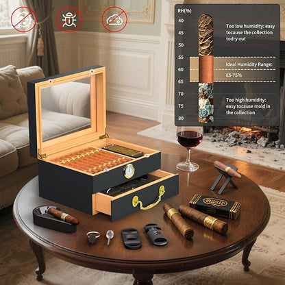 Cigar Humidor Box - Spanish Cedar Small Table Top Humidors for 20-50 Cigars with Accessories and Humidifier - Storage Drawer - Modern Desktop Cigar Holder for Men - Portable Travel Case Dark Gray