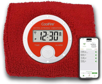 Coolfire Vibrating Alarm Clock Wristband, Silent Wake-Up Watch for Heavy Sleepers, Won’t Disturb Partner, Couples/Roommates, Deaf/Hearing Impaired, 4 Alarms, Bluetooth App, Rechargeable (RED)