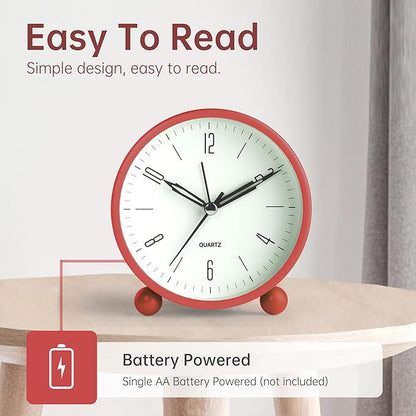 Analog Alarm Clock, 4 inch Super Silent Non Ticking Small Clock with Night Light, Battery Operated, Simple Design, Old Fashioned Style Wine-red Decor, for Bedroom, Bedside, Desk, Adult, Kid, Gift, Red