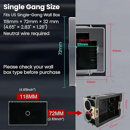 Smart Light Switch,1-Button,Aluminum Frame, Neutral Required,2.4GHz, Tuya Smart Life App,Voice Control,2.5D Curved-Edge Tempered Glass Panel,Black