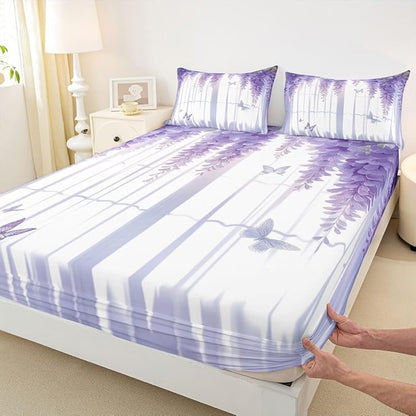 Lavender Kids Full Size Fitted Sheet,Floral Butterfly Spring Boys Girls Bed Sheets,Lilac Flower Leaves Dreamy Room Decor,Purple Bedding Set,2 Pillowcases(No Flat)