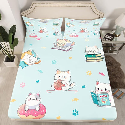 Kawaii Donut Cat Fitted Sheet Full,Watercolor Litter Cat Paw Bed Sheet 3 Pieces Fits Mattress,Reading Cat Animals Lover Decorative Fabric Bedding All-Round Elastic Pocket