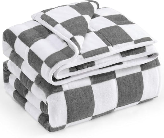 Wemore Flannel Fleece Weighted Blanket for Adult Queen Size 15 lbs, Dual Sided Luxurious Checkerboard Grid Heavy Blankets, Ultra Soft Throw Blanket, Plaid Grey, 60 x 80 inches