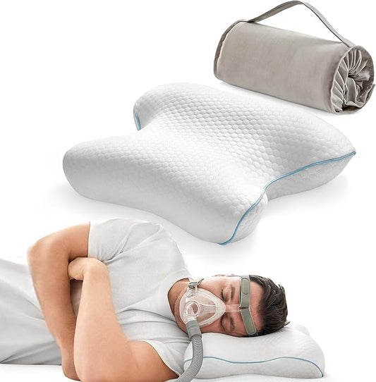 Travel Memory Foam CPAP Bed Pillow for Side & Back Sleepers, Portable Sleep Apnea Pillow with Storage Bag for All CPAP Masks Users, Washable Neck Support Pillow for Hotels Camping