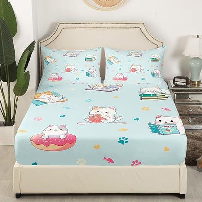 Kawaii Donut Cat Fitted Sheet Queen,Watercolor Litter Cat Paw Bed Sheet 3 Pieces Fits Mattress,Reading Cat Animals Lover Decorative Fabric Bedding All-Round Elastic Pocket