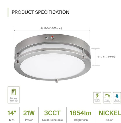 ASD LED 14" Round Flush Mount Lighting, Close to Ceiling Light Fixture | 3CCT, Dimmable, Battery Backup, ETL Listed | 21W 1854LM 3000-5000K 100-277V | Low Profile Double Ring Lamp | Nickel, 4 Pack