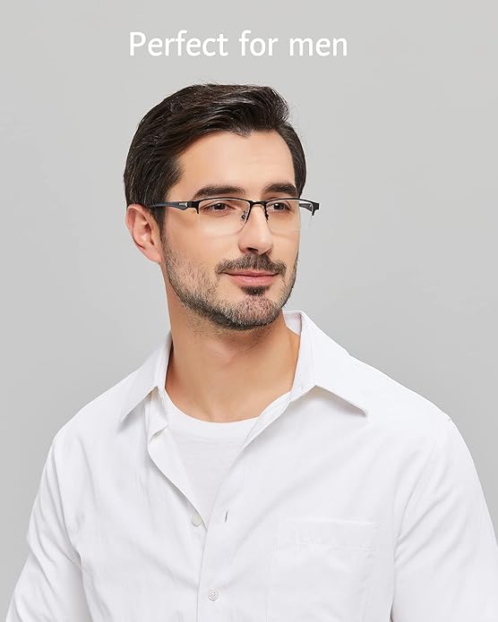 ANRRI Blue Light Glasses for Men Semi Rimless Rectangle Metal Frame UV Blocking Computer Glasses