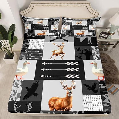 Hunt Deer Kids Fitted Sheet Twin Size,Geometric Arrows Camo Plaids Bedding Set,Boys Girls Room Decor,Duck Bass Fish Marine Life Cabin Animal Rustic Bed Cover,Grey Bed Sheet,1 Pillowcase,No Top Sheet