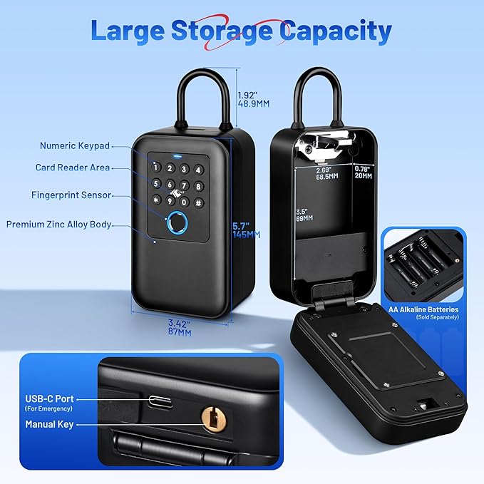 Fingerprint Smart Lock Box Bluetooth with TTLock App Control, IP65 Waterproof Key Safe with Silicone Keypad, USB-C & Manual Key Backup, Large Capacity for Home Airbnb Rental