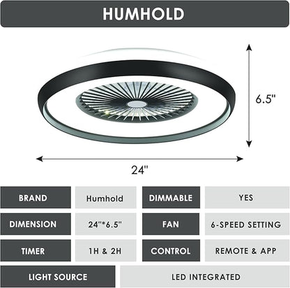 24" Bladeless Ceiling Fan with Light Remote, Smart LED Ceiling Fans with App Control, Modern Low Profile Dimmable Light Ceiling Fan for Bedroom Living Room Black