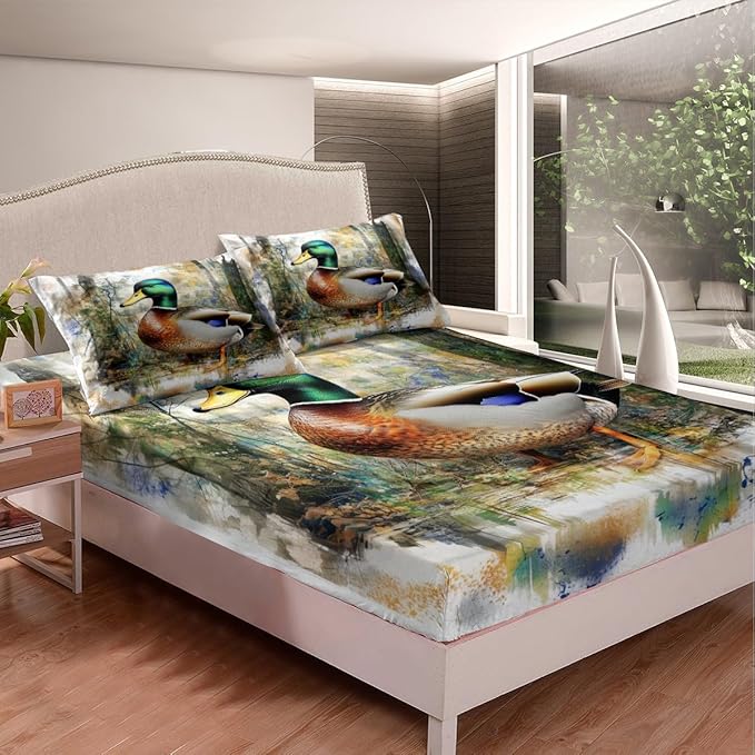 Mallard Duck Kids Fitted Sheet Queen Size,Tie-dye Graffiti Jungle Rustic Bedding Set,Boys Girls Room Decor,Hunting Animal Lake House Fishing Bed Cover,Green Bed Sheet,2 Pillowcases(No Top Sheet)
