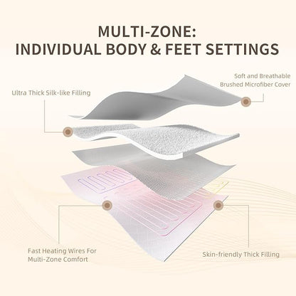 Bwarm Premium Multi-Zone Electric Heated Mattress Pad King Size, 78" x 80", Dual Controllers, 9 Heat Settings, 1-12 Hours Auto Off, Individual Body and Feet Settings, Machine Washable