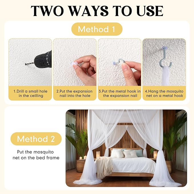 4 Corners Mosquito Net Bed Canopy for Single Twin Full Size, Rectangular Bed Curtains Drapes with 4 Hanging Hooks for Home Indoor Patio Outdoor(White,L75 X W35.5 X H59 Inch)