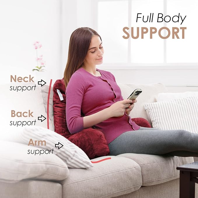 Nestl Reading Pillow with Shredded Memory Foam, Designed for Sitting Up in Bed and Couch, Back and Arms Adjustable Support for Adult & Teens Backrest Pillows for Reading, with Washable Cover Red