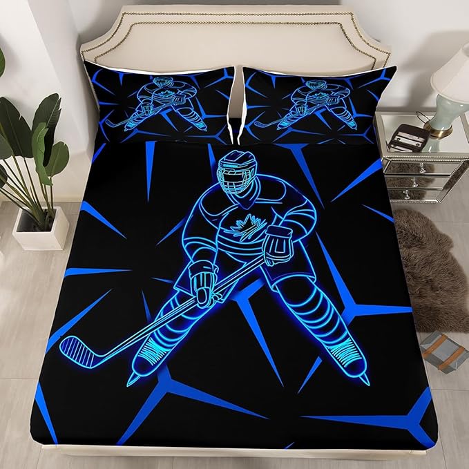 Manfei Ice Hockey Player Kids Sheet King Size,Geometric Triangles Lines Bedding Set,Boys Girls Room Decor,Winter Competition Sports Games Blue Black Bed Sheet Set 4pcs(Fitted + Flat + 2 Pillowcases)