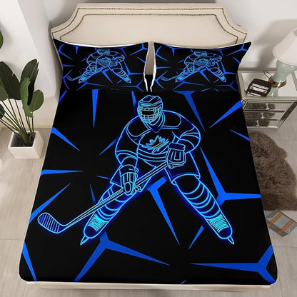 Manfei Ice Hockey Player Kids Sheet Queen Size,Geometric Triangles Lines Bedding Set,Boys Girls Room Decor,Winter Competition Sports Games Blue Black Bed Sheet Set 4pcs(Fitted + Flat + 2 Pillowcases)