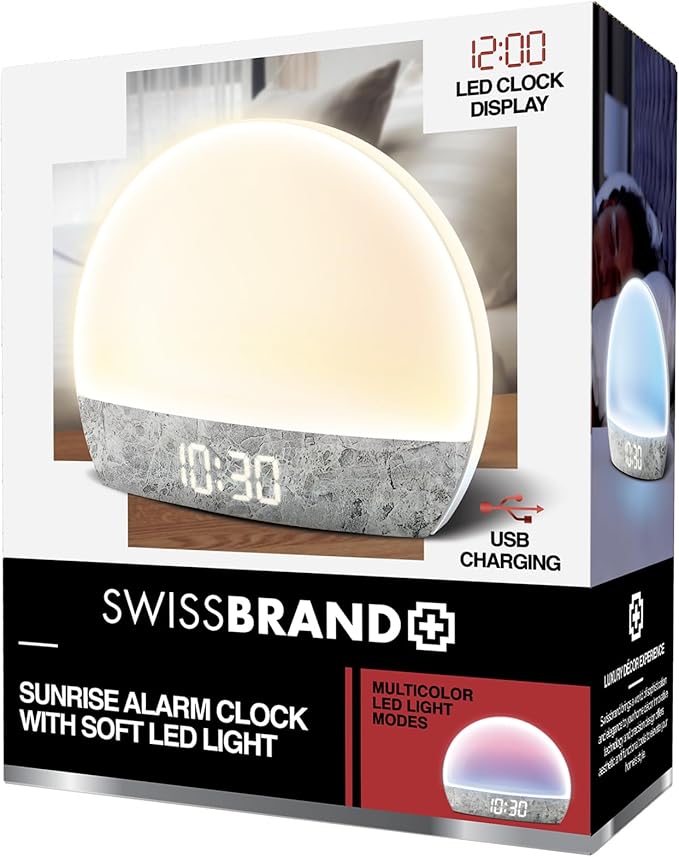 Swissbrand Sunrise Alarm Clock with Multicolor LED Light, USB Charging & Indoor Temperature – Concrete-Print Digital Clock for Bedroom Nightstand