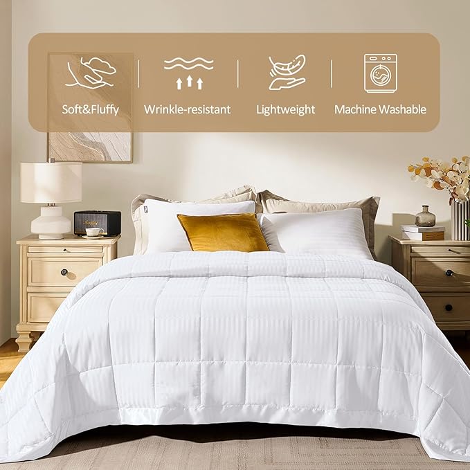 downluxe Queen Size Blanket with Satin Trim, Lightweight Down Alternative Blankets Queen Size for All Season, Machine Washable (White, 90x90 Inch)