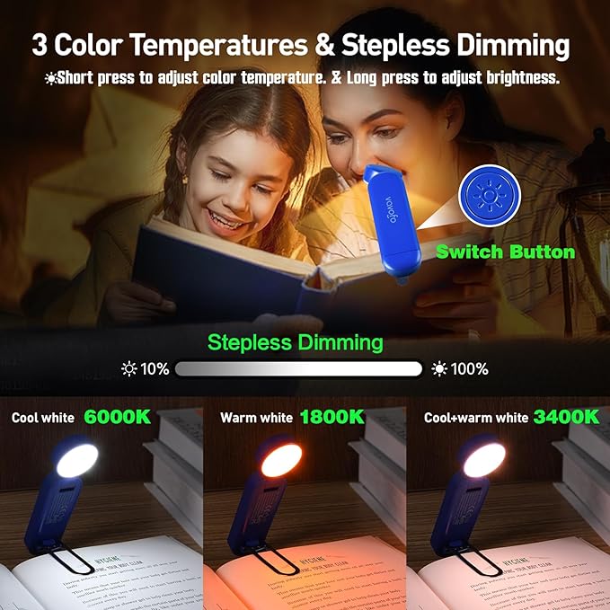 VAVOFO USB Rechargeable Book Light, Blue Light Blocking, Amber Light Clip On Bookmark Shaped Reading Light, Eye Care 6 LEDs Book Light for Bookworms Reading in Bed with 9 Lighting Modes (Royal Blue)